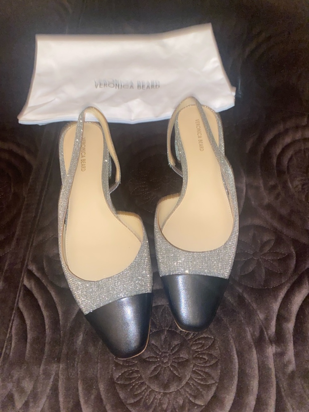 Veronica Beard Silver Glitter Slingback Flats with Black Cap Toe - Picture 2 of 15
